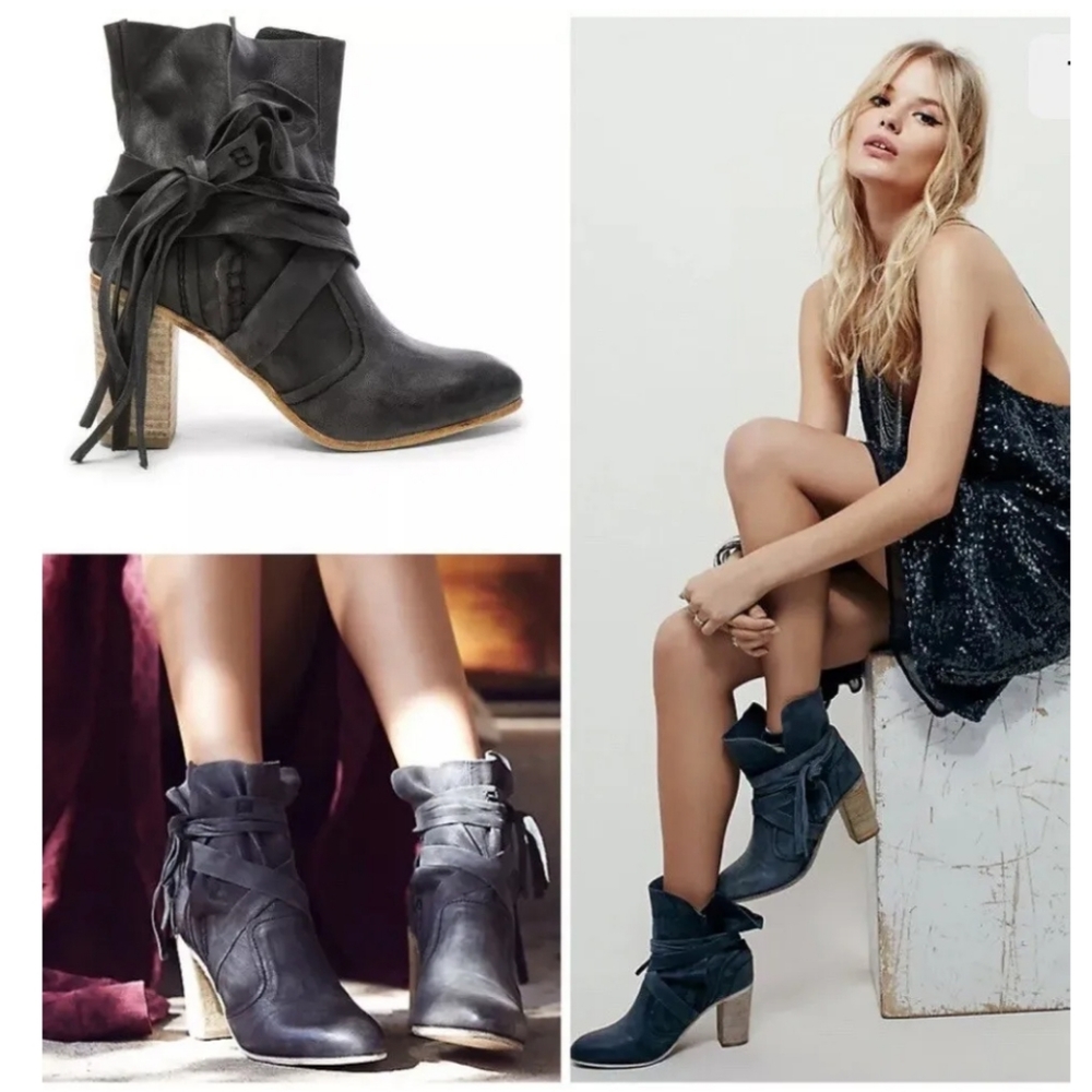 Free People Seven Wonders Leather Ankle Booties Graphite Distressed Grey 10.5